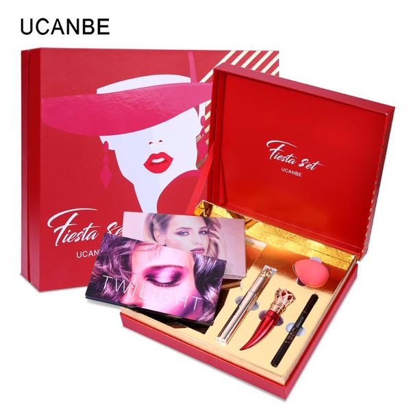 

eye shadow ucanbe festival gift box 6pcs/lot aromas makeup set 2 eyeshadow palette 1 lipstick mascara eyeliner sponge