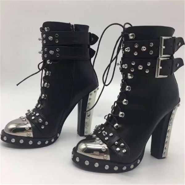 

black leather ankle boots for woman studded platform ankle strap botas metal high heel motorcycle boots steel toe shoes women