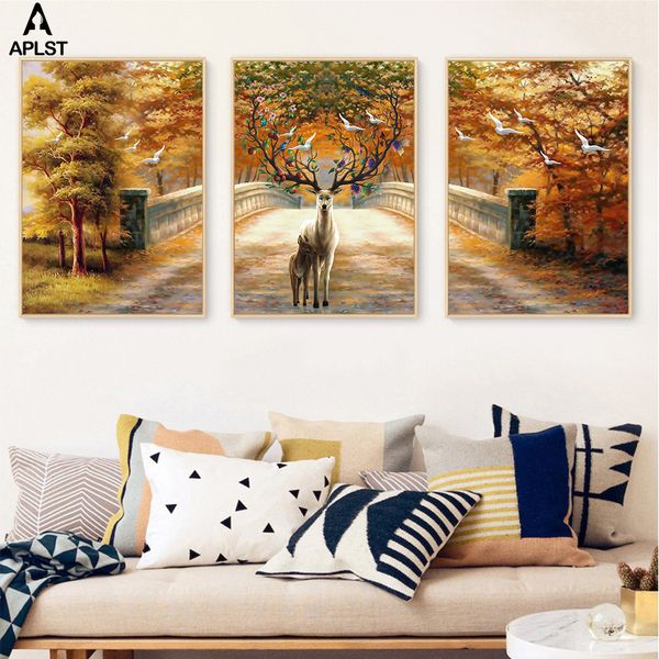 

animal canvas print autumn bridge deer printing poster fly pigeons wall pictures painting mural art modern home decor bedroom