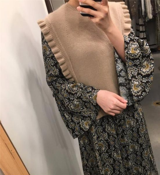 

shop1314 new elegant ruffle sweater vest women fashion v neck sleeveless knitted pullover sweater waistcoat autumn winter, Black;white