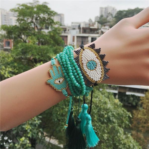 

miyuki bracelet evil eye bracelet hamsa hand jewelry pulseras green crystal for women tassel handmade insta fashion 2020, Red;blue
