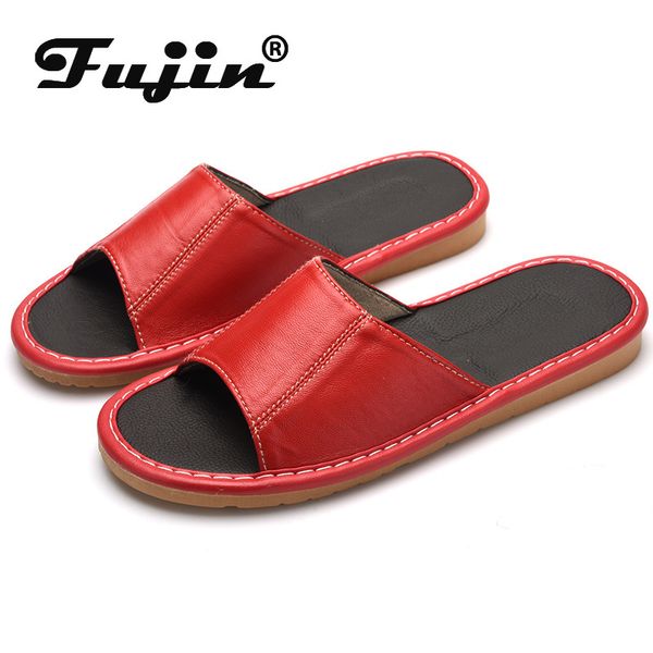 

fujin sheepskin slippers women's genuine leather for spring summer women comfortable home slippers indoor wooden floor slipper, Black