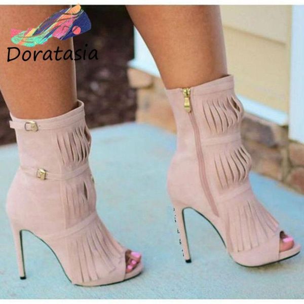 

sandals doratasia women open toe metal buckle fringe shoes cover heel fashion party flock high heels, Black