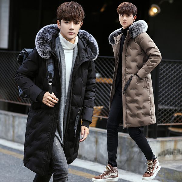 

cotton men's long winter jacket korean version of the trend of youth handsome hooded cotton suit students thick jacket, Black