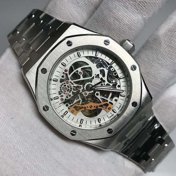 

mens watch silver skeleton mechanical sweeping movement 42mm sapphire glass stainless steel bracelet wristwatches, Slivery;brown