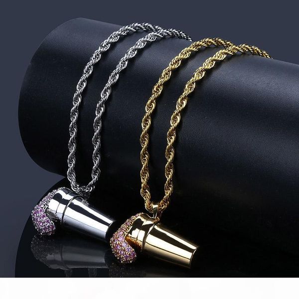

high grade men hiphop styrofoam cup pendant necklaces brass iced out pink cubic zirconia punk jewelry, Silver