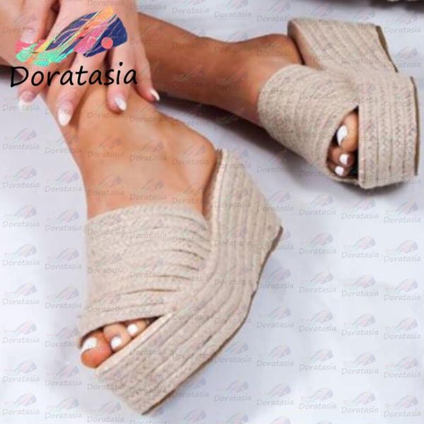 

doratasia female fashion soli slip on slippers open toe casual wedges straw heel brand slippers women 2020 daily shoes woman, Black