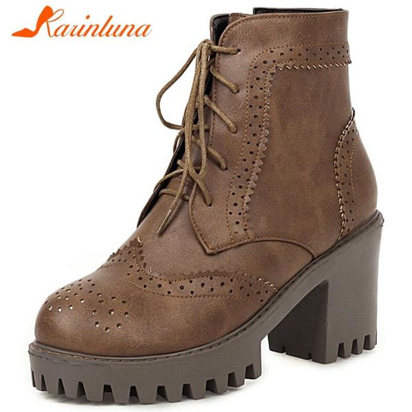 

karin big size 33-43 girl autumn boots round toe platform square high heels cross tied zip women boots ankle women shoes, Black