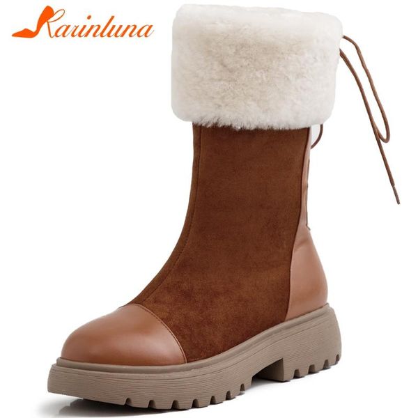 

boots karin brand lady 2021 winter snow thin belt fur decoration women round toe patchwork mid-calf shoes woman, Black