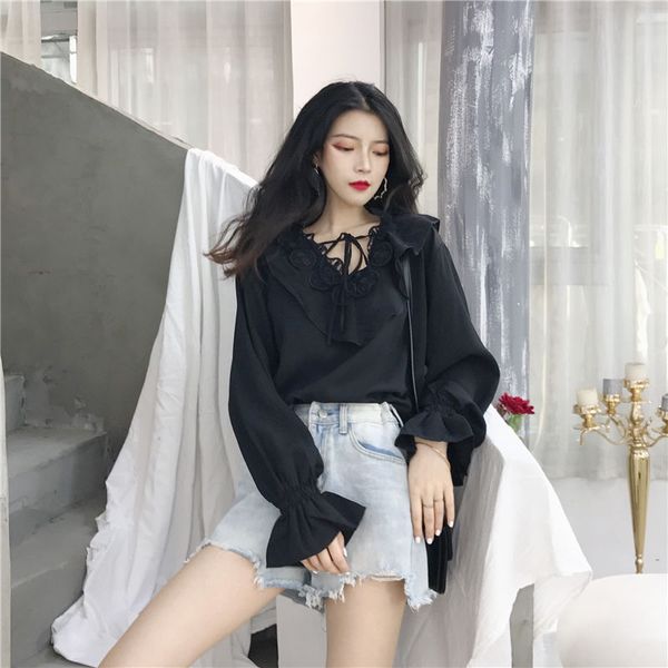 

stylish autumn casual fresh solid all-match ruffle lace v-neck shirts female sweet loose casual simple, White