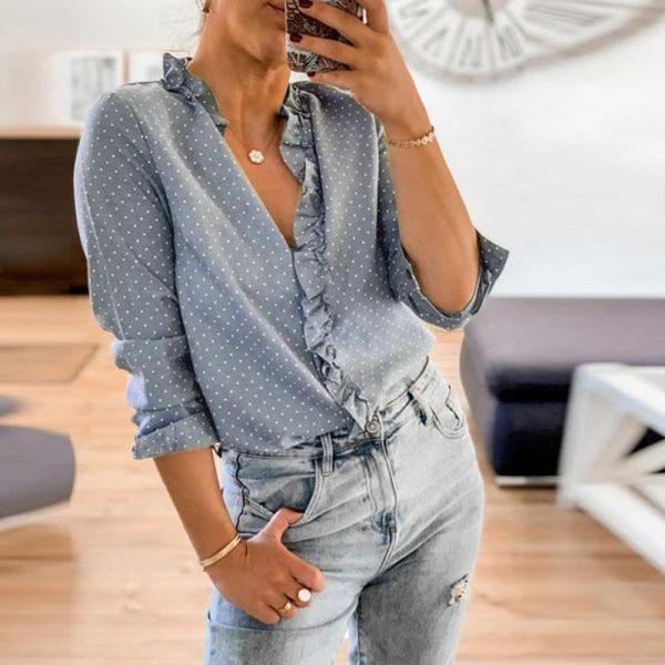

women's blouses & shirts women autumn long sleeve polka dot ruffles shirt 2021 casual v neck blouse ladies office fashion tunic female, White