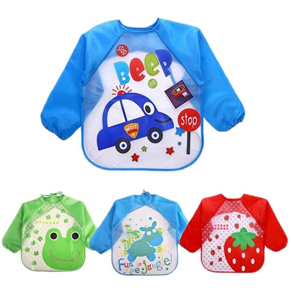 

4 packs waterproof children's art smock kids painting aprons long sleeve smock for baby eged 1-4 years old, Slivery;white