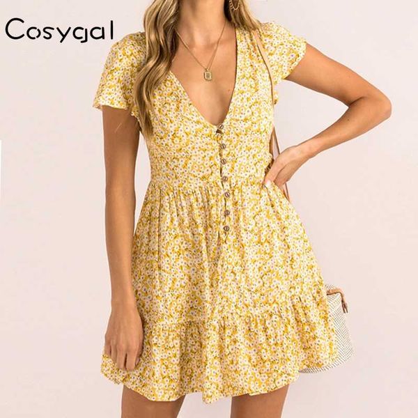 

cosygal print floral dress women button ruffles deep v neck club party dress short sleeve elegant summer women 2020, Black;gray