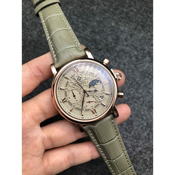 

calibre men full-featured fashion casual quartz watch stainless steel dial leather strap automatic date waterproof business men chronograp