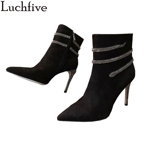 

suede thin high heel ankle boots bling bling rhinestones pointed toe ankle boots winter black formal dress party shoes