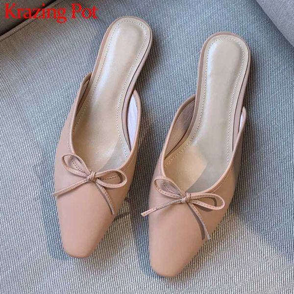 

krazing pot new fashion outside slipper full grain leather small square toe low heel butterfly-knot sweet girls shoes women l11, Black
