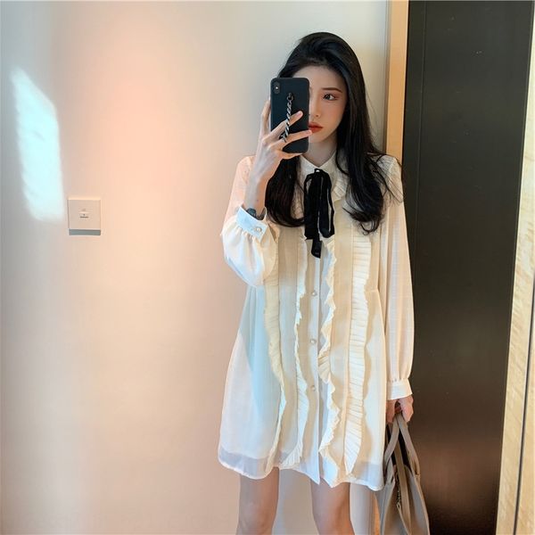

2020 early autumn new white dress dressshirt dress dressgraceful french sweet gentle style shirt skirt nmyiz, Gray