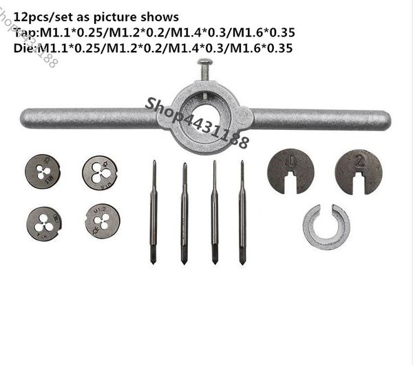

12pcs mini hss metric thread plugs taps dies wrench handle set m1.1-m1.6 screw ing