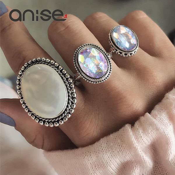 

anise luxury crystal white opal ring set woman 3pcs / set vintage geometry silver color bohemian finger rings wedding jewelry, Golden;silver