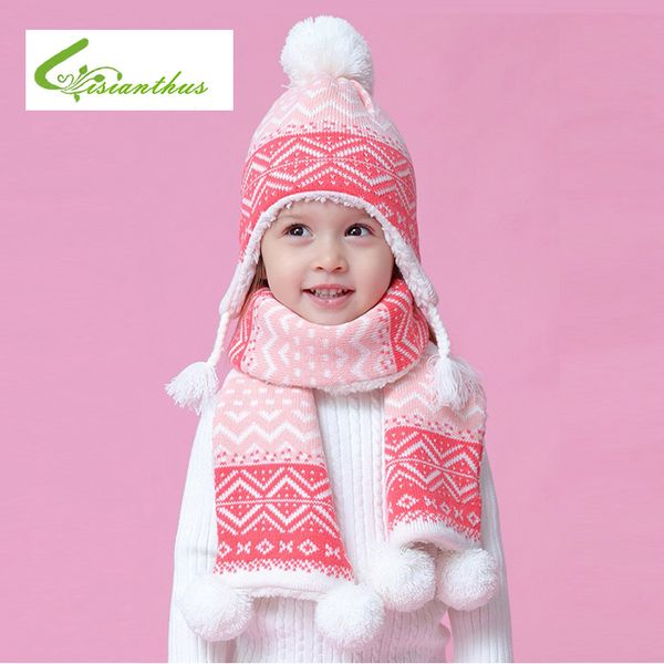 

winter kids knitted hat /scarf fashion geometry pattern thickening hat ear flap cap warm children christmas new year snow caps, Slivery;white