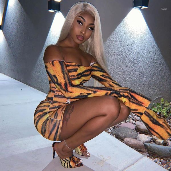 

ladies designer dresses casual females clothing tiger stripes printed womens casual dresses fashion off shoulder, Black;gray