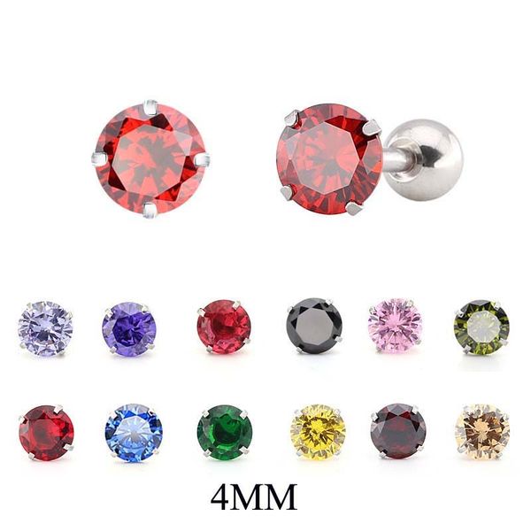 

stud 1 pair 4mm stainless steel prong zircon ear tragus cartilage earring ring body piercing jewelry, Golden;silver