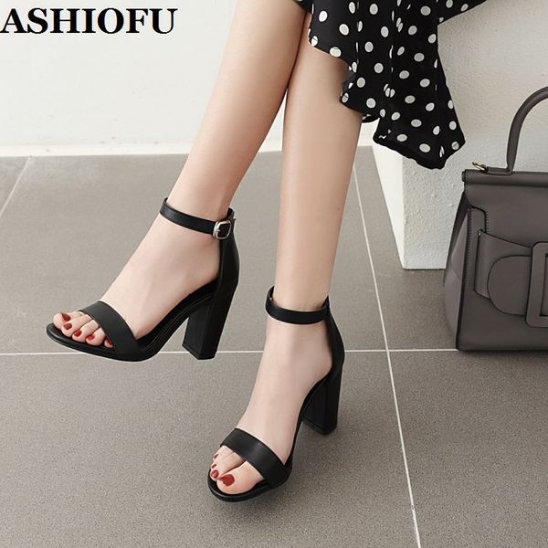 

ashiofu new women's chunky heels sandals black faux-pu party prom summer shoes evening club fashion sandals shoes