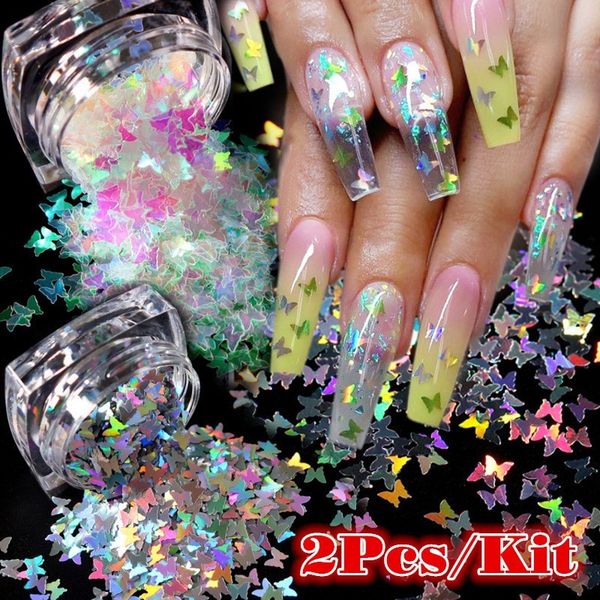 

2pcs/set mirror nail butterfly sequins dazzling glitter shapes holographic 3d flakes mix sticker spangles nail art accessories, Silver;gold