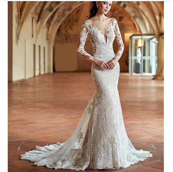 

new design ivory lace mermaid wedding dresses crew neck sheer long sleeves lace appliqued low back wedding bridal gowns, White