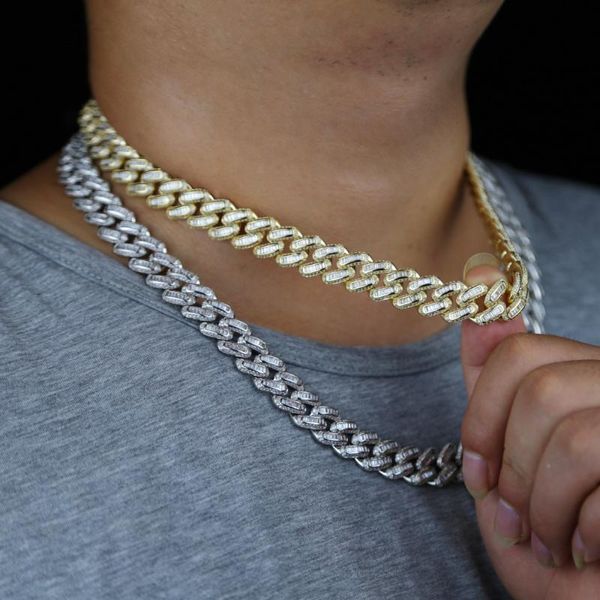 

chokers hip hop iced out paved cz 1set 14mm gold miami curb cuban chain bling rapper necklaces for men jewelry, Golden;silver