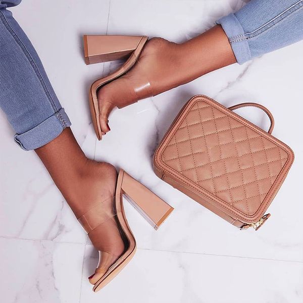

2020 for women's shoes summer square high heels mules women slippers pvc transparent slides casual slippers shoes, Black