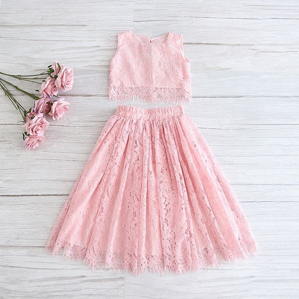 

2020 весна лето набор одежды для девочек половина рукава lace top + шампанское розовый длинные юбки детская одежда 2-11t e17121 lj200826, White