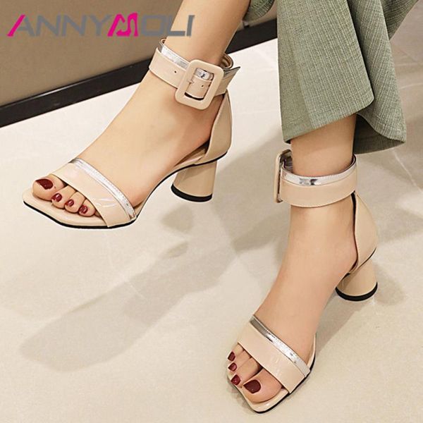 

annymoli женщина сандалии лодыжки wrap высокие каблуки пряжки толстый каблук обуви квадратный носок женский сандалии лето бежевый большой ра, Black