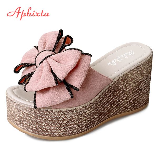 

aphixta 3.54inch women slippers platform wedge women slipper appliques slides beach sandals slides summer ladies mules clog shoe, Black