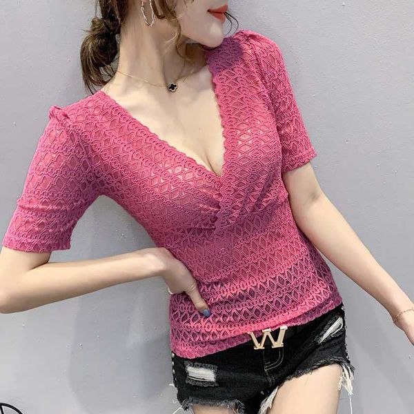 

women's t-shirt hollow out lace 2021 summer v-neck short sleeve elegant slim perspective shirt blusas, White