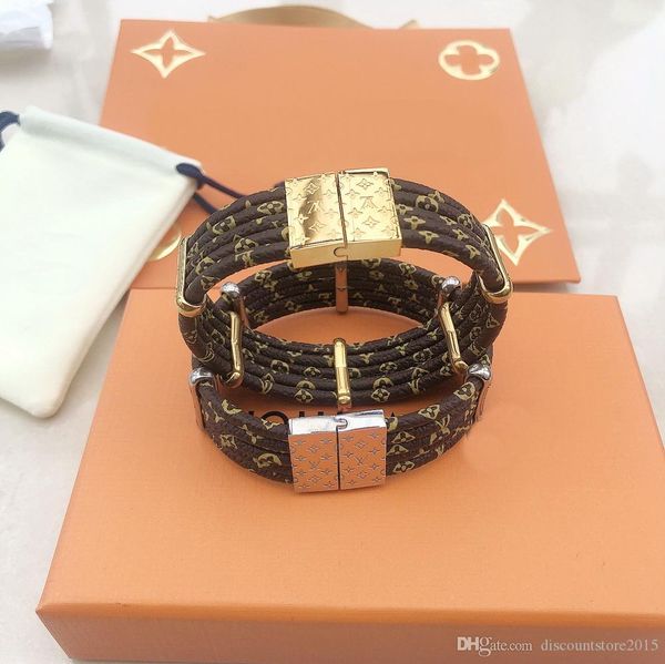 

fashion brand named lady women round five deck magnetic clasps leather bracelets bangle with 18k gold engraved four leaf flower accessories, Black