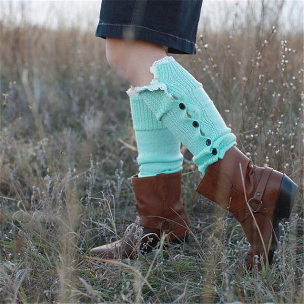 

women warm knitted leg sleeves buttons lace gaiters loose wool leg guard boot cuffs socks ins christmas knit leg warmer booties sleeve e9102, Pink;yellow