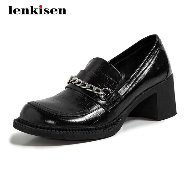 

lenkisen new arrival korean girls full grain leather gingham chain decoration round toe thick high heels slip on women pumps l15, Black