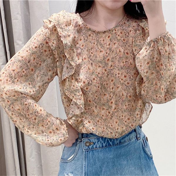 

women sweet see through ruffled blouses fashion o-neck long sleeve female shirts blusas crop chic, White