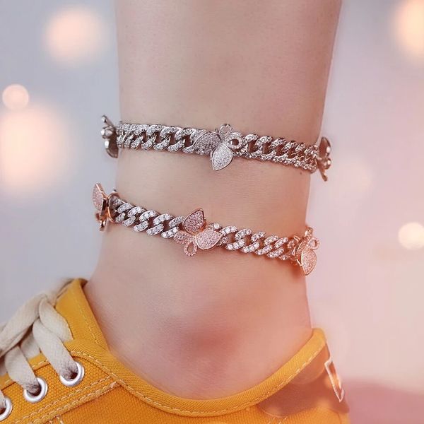 

new arrived ankle chain women gold silver rosegold cuban link iced out cz pink butterfly anklets chain set jewelry, Red;blue