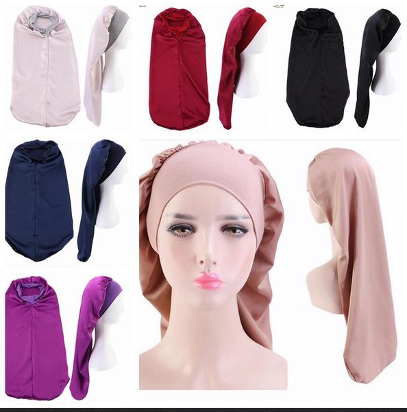 

68cm extra long imitate satin bonnet sleep cap long bonnet for braids women pure color printed silky hair loose cap wholesale c341, Blue;gray