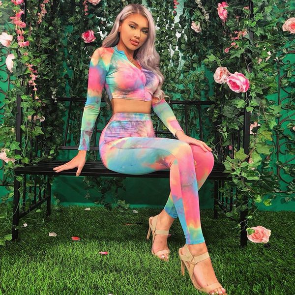 

est female set v-neck zipper skinny tie-dye printed long sleeve short tees high waist bodycon leggings casual sports set, Gray