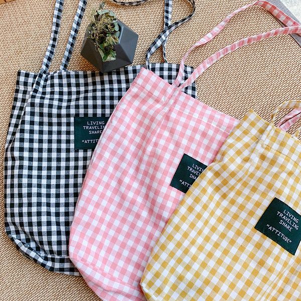 

women plaid canvas shoulder bag female cotton cloth bag eco environmental shopping bag girl simple literary checked handbag tote
