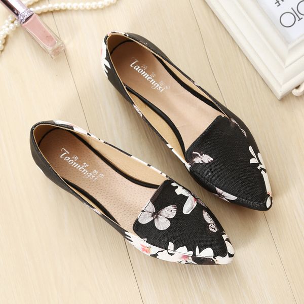 

women flats flower pointed toe lady flat heel shoes soft sole butterfly female moccasin-gommino flattie casual flat shoes 33-43, Black