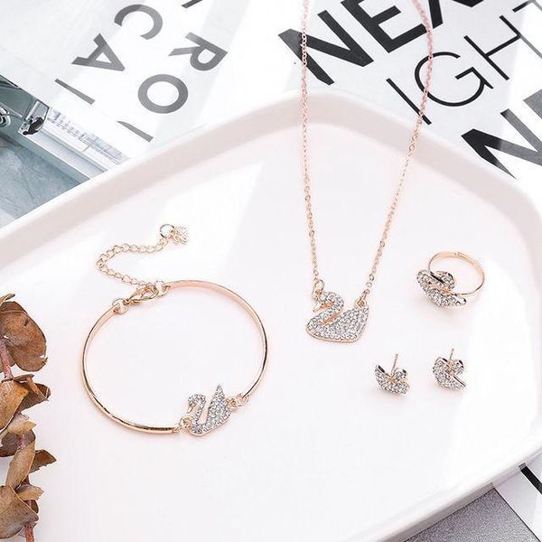 

accessories crystal black swan short necklace bracelet earrings ring four-piece set jewelry set, Silver