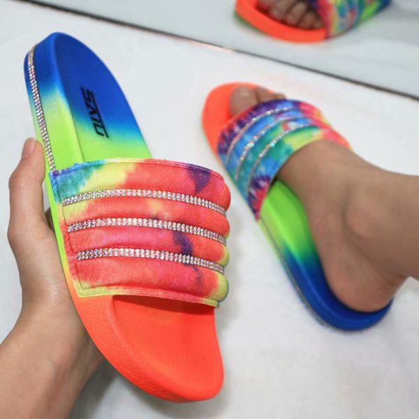 

summer women's ladies tie-dye crystal slippers casual open toe flats sandals beach shoes slides flip flops zapatos de mujer#g3, Black