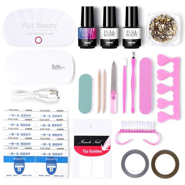 

9w uv lamp nail art set kits gold glitter gel polish varnish soak off base coat travel nail decoration manicure set sa1576