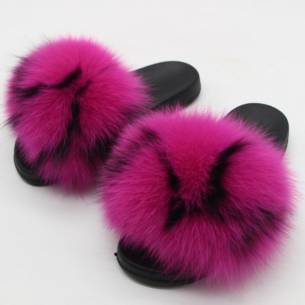 

women furry slides real fur fluffy slippers slip-on outdoor home slippers female fashion plush flip flops summer fur sandals, Black