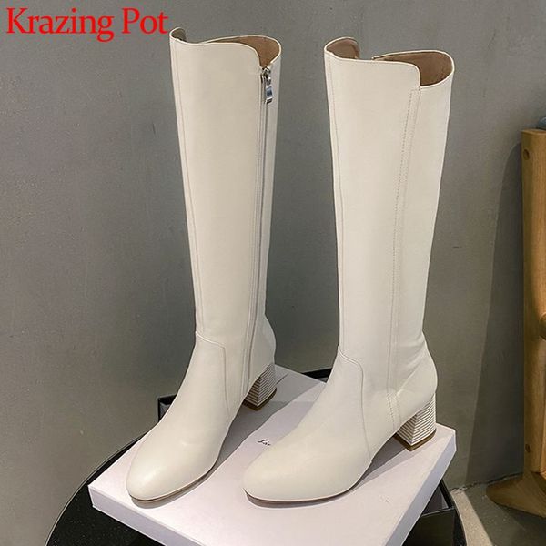 

krazing pot full grain leather round toe thick high heels party modern wear long boots solid keep warm zipper riding boots l63, Black