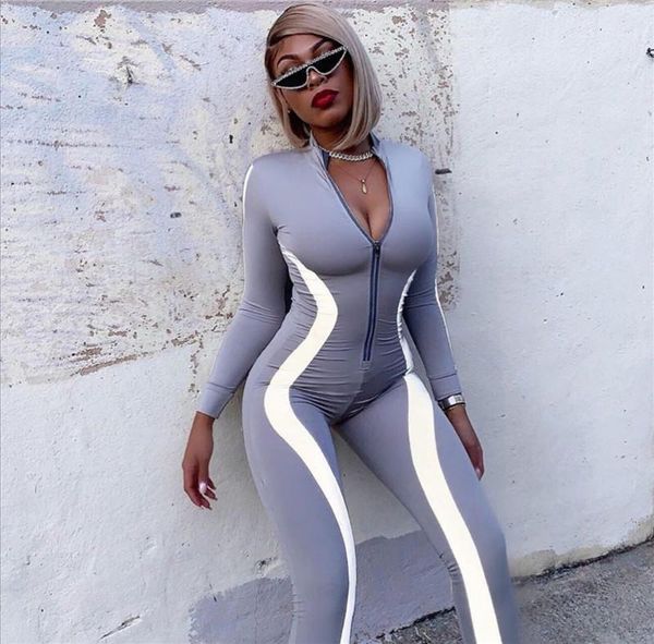 

slim zipper solid color skinny long sleeved dark v neck rompers fashion womens rompers striped women jumpsuits rompers club, Black;white